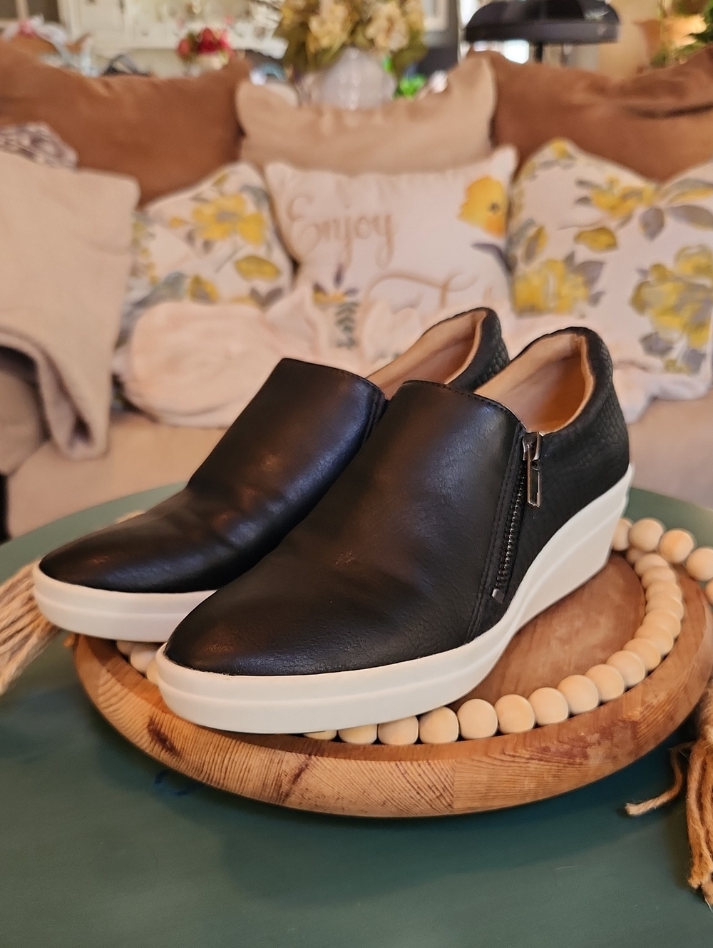 Naturalizer Black Slip-On Wedge Sneakers with White Sole